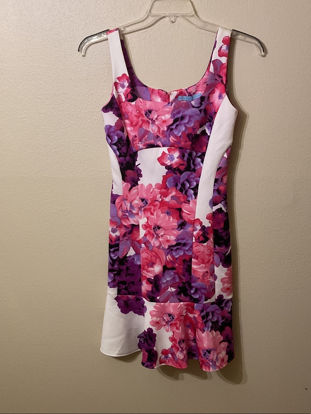ANTONIO MELANI Aria “Barbie” White Floral Sheath Dress in Pink & Purple